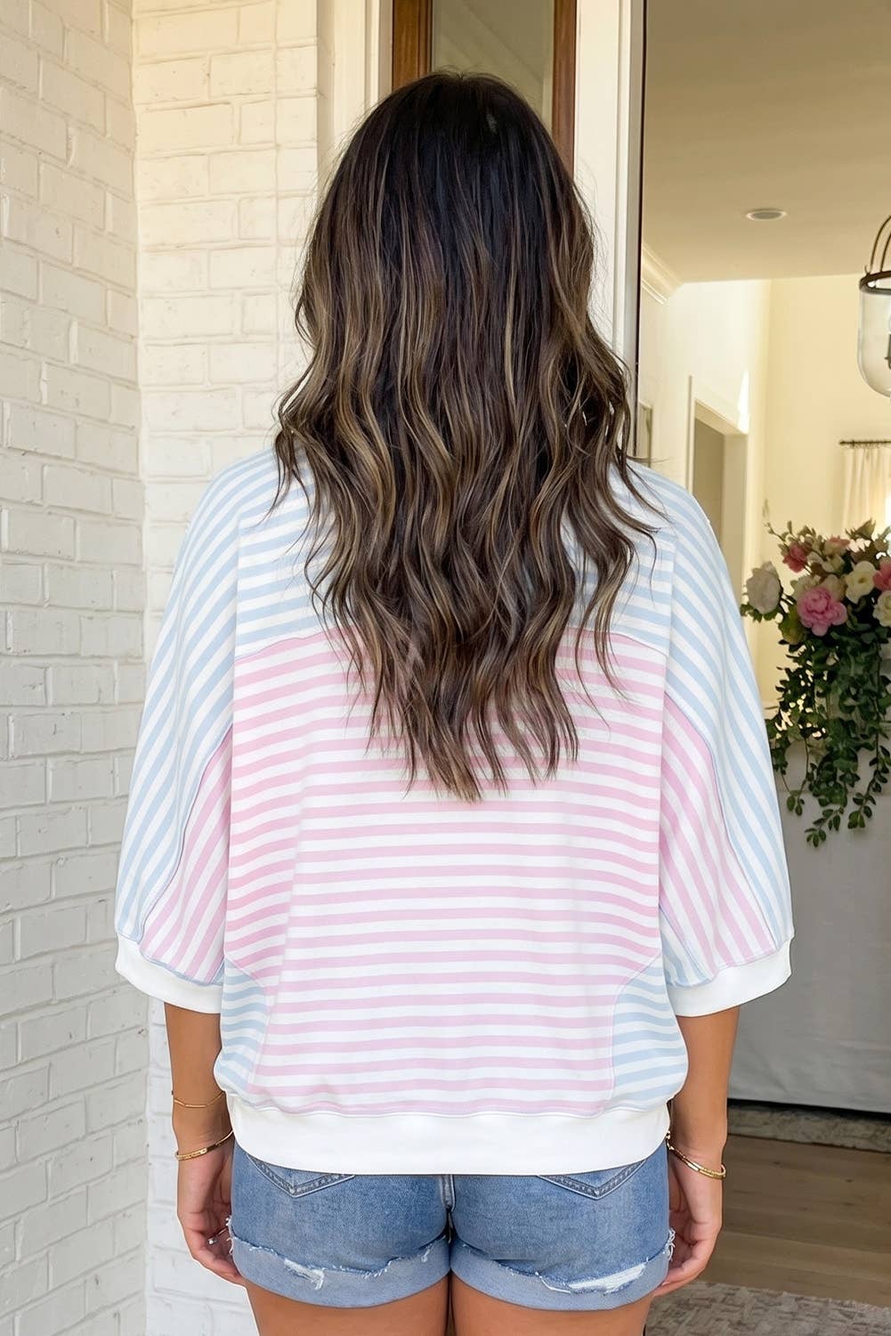 LAS Striped Dolman Sleeve Patchwork Oversize T Shirt (S-XL)
