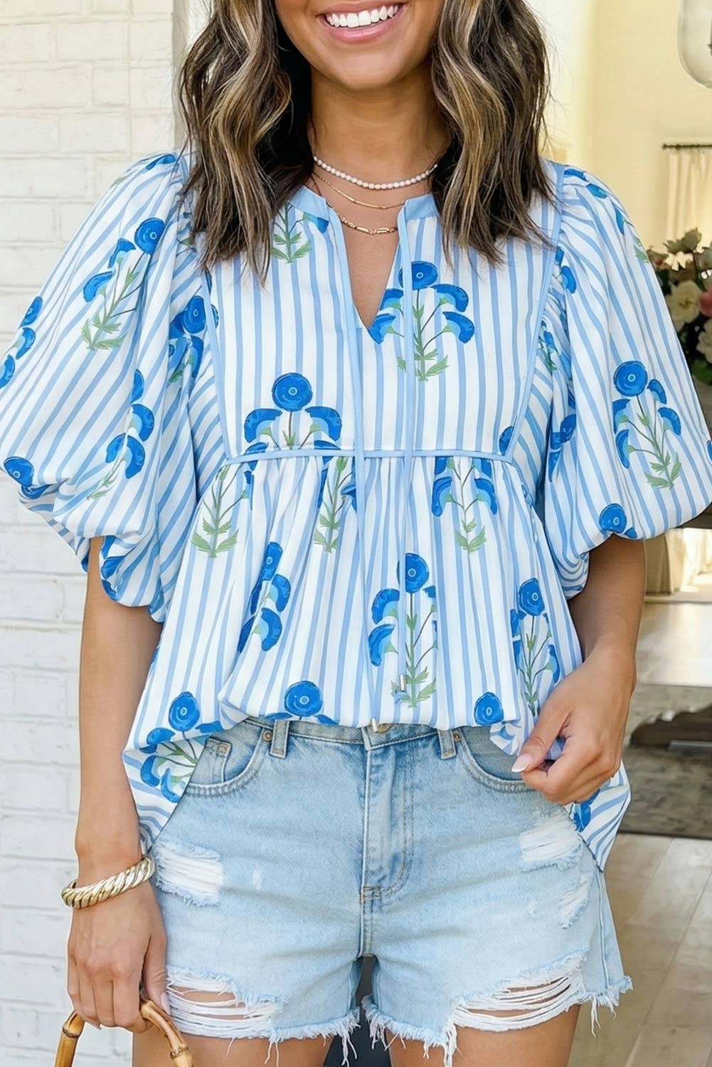 LAS Striped Floral Bubble Sleeve Blouse (S-XL)