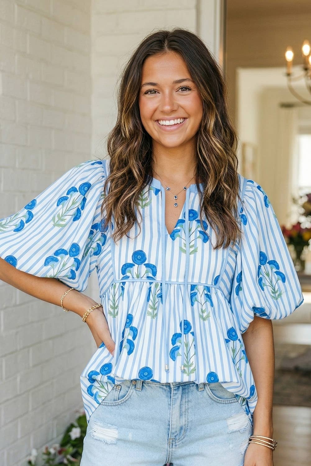 LAS Striped Floral Bubble Sleeve Blouse (S-XL)